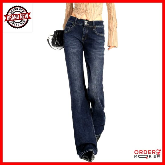 Denim - Stretchy Mid Rise Flare Jeans Y2K Bootcut Boyfriend Fit Denim Pants